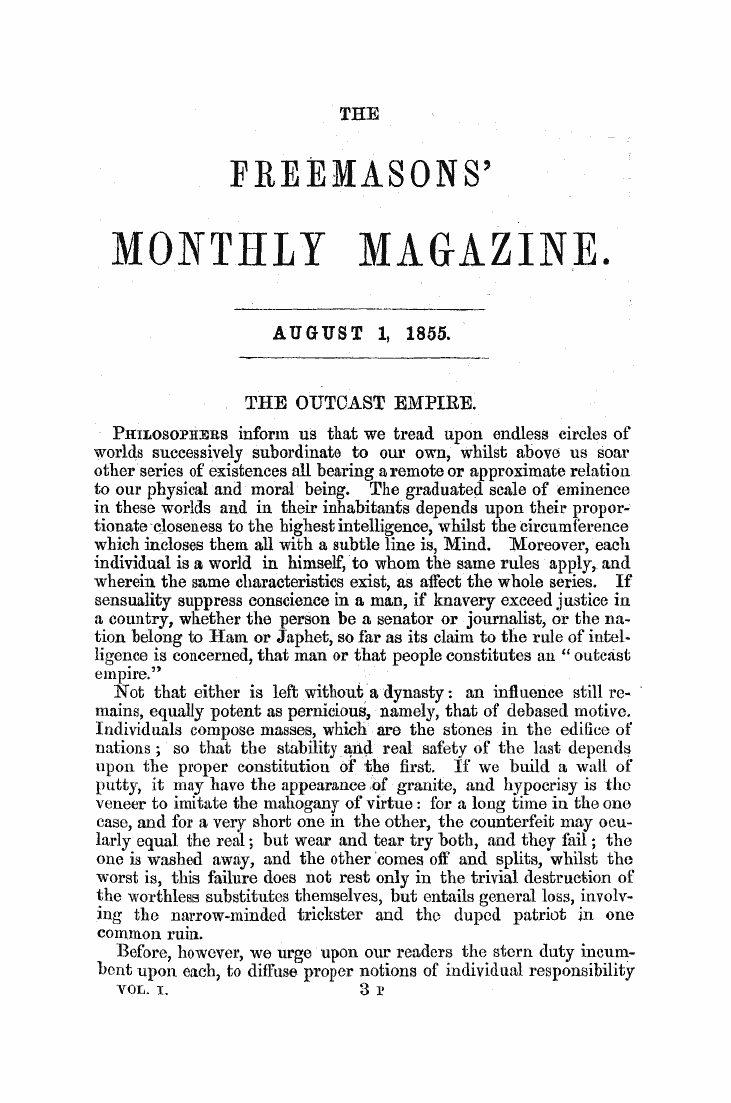 The Freemasons' Monthly Magazine: 1855-08-01 - The Outcast Empire. 