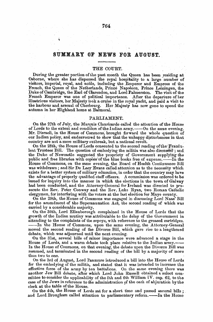 The Freemasons' Monthly Magazine: 1857-09-01 - Summary Of News For August