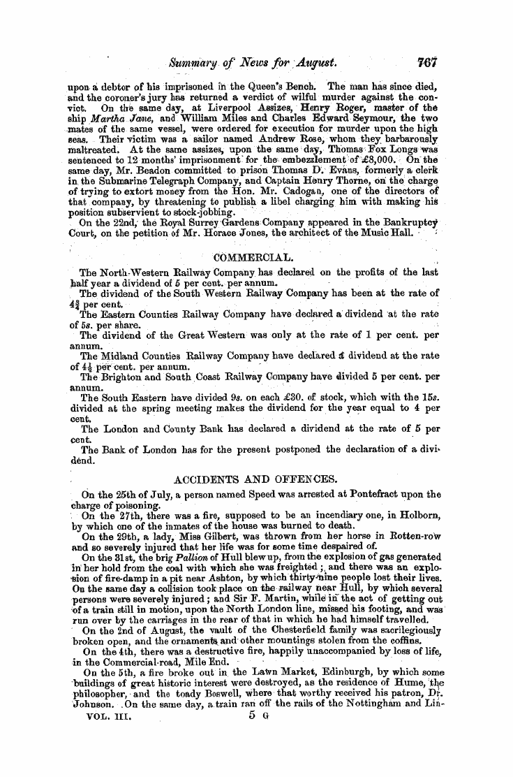 The Freemasons' Monthly Magazine: 1857-09-01 - Summary Of News For August