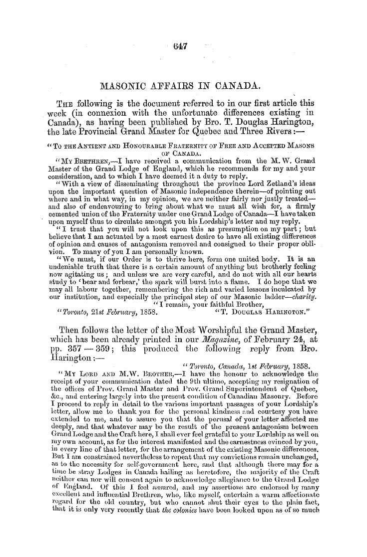 The Freemasons' Monthly Magazine: 1858-04-01 - Masonic Affaies In Canada.