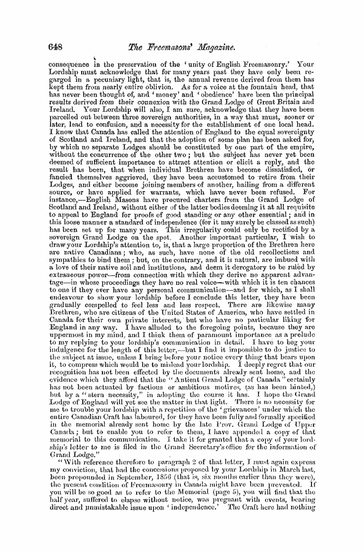 The Freemasons' Monthly Magazine: 1858-04-01 - Masonic Affaies In Canada.