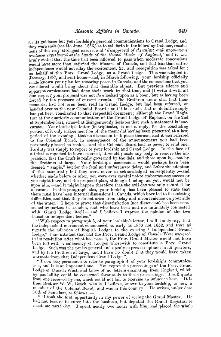 The Freemasons' Monthly Magazine: 1858-04-01 - Masonic Affaies In Canada.