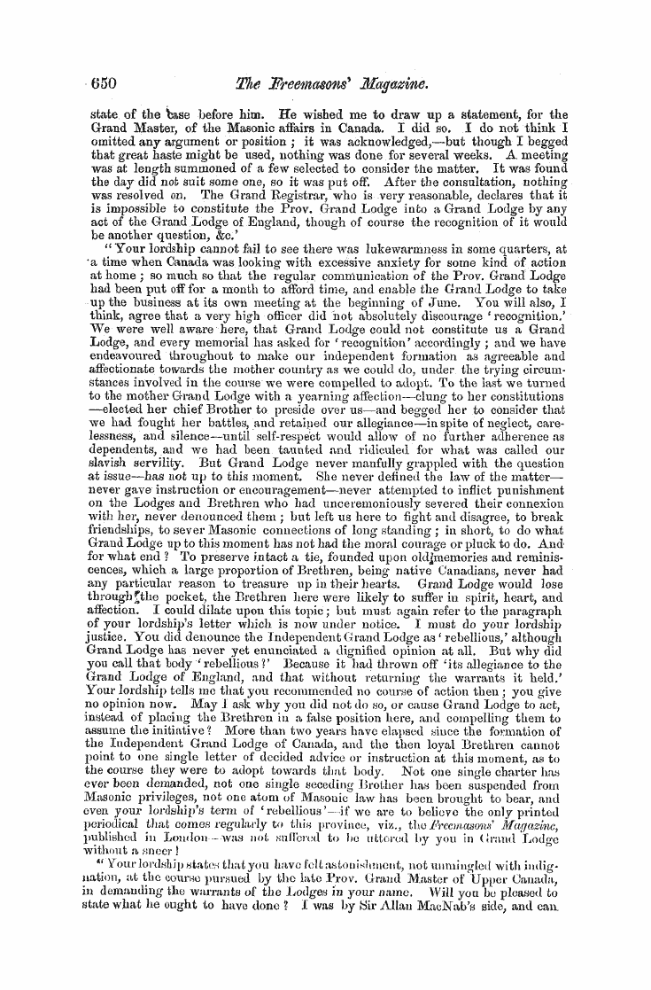 The Freemasons' Monthly Magazine: 1858-04-01 - Masonic Affaies In Canada.