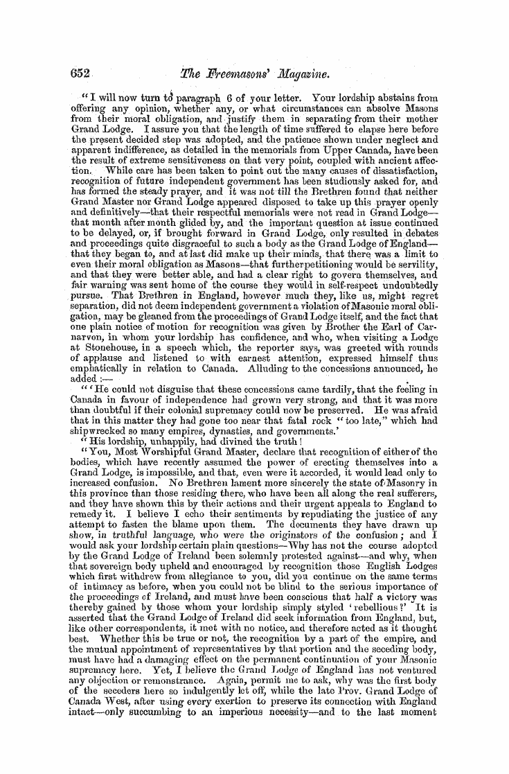 The Freemasons' Monthly Magazine: 1858-04-01 - Masonic Affaies In Canada.