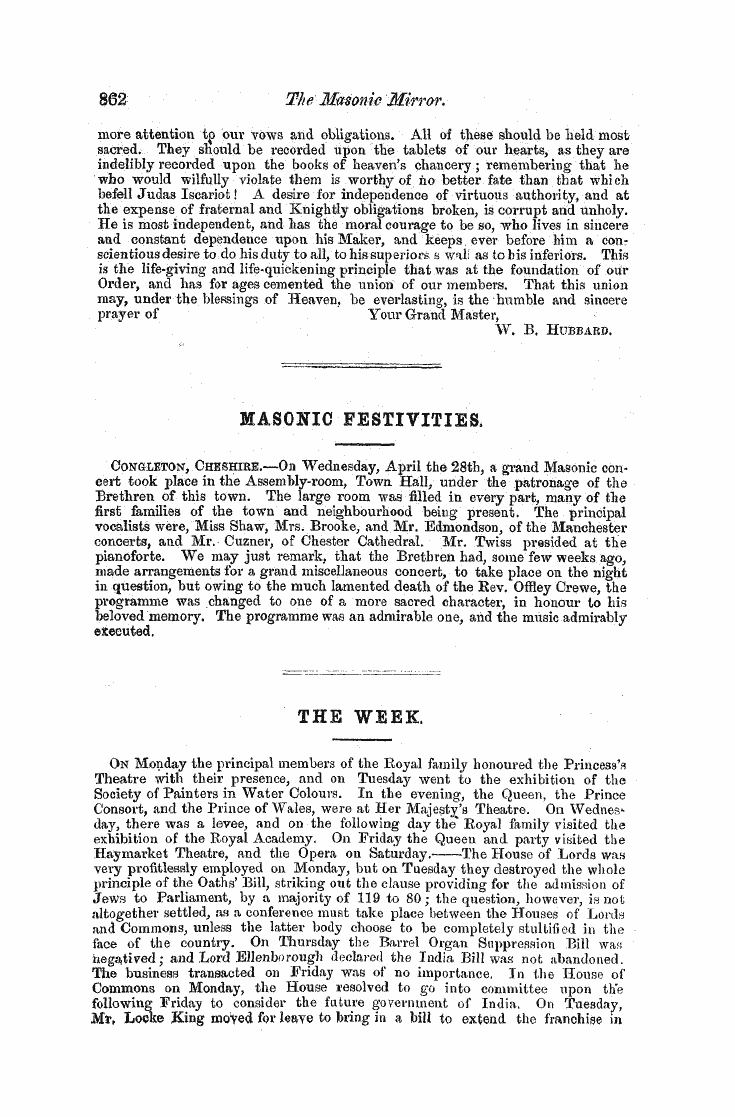 The Freemasons' Monthly Magazine: 1858-05-01 - The Week.