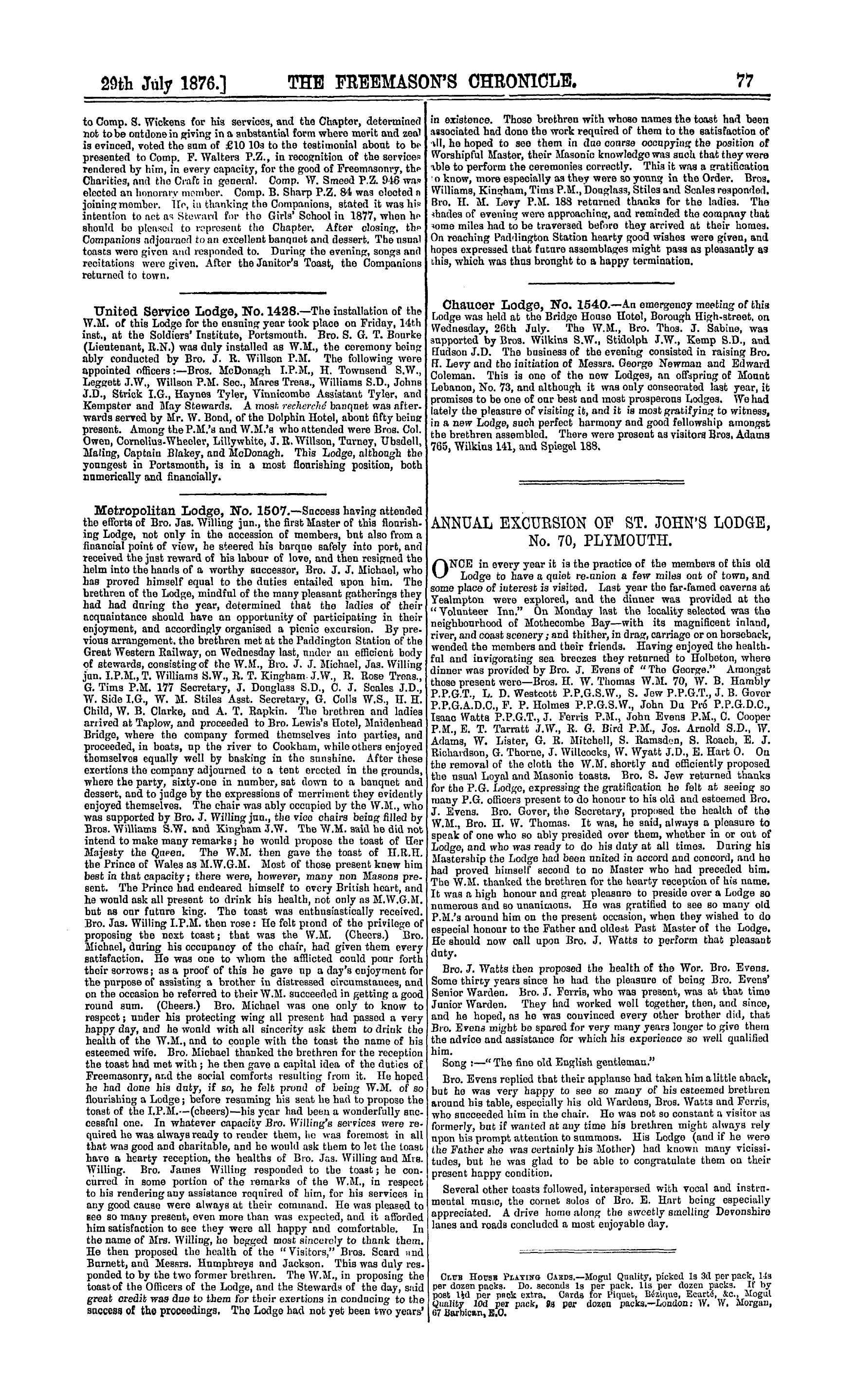 The Freemason's Chronicle: 1876-07-29 - Annual Excursion Of St. John's Lodge, No. 70, Plymouth.