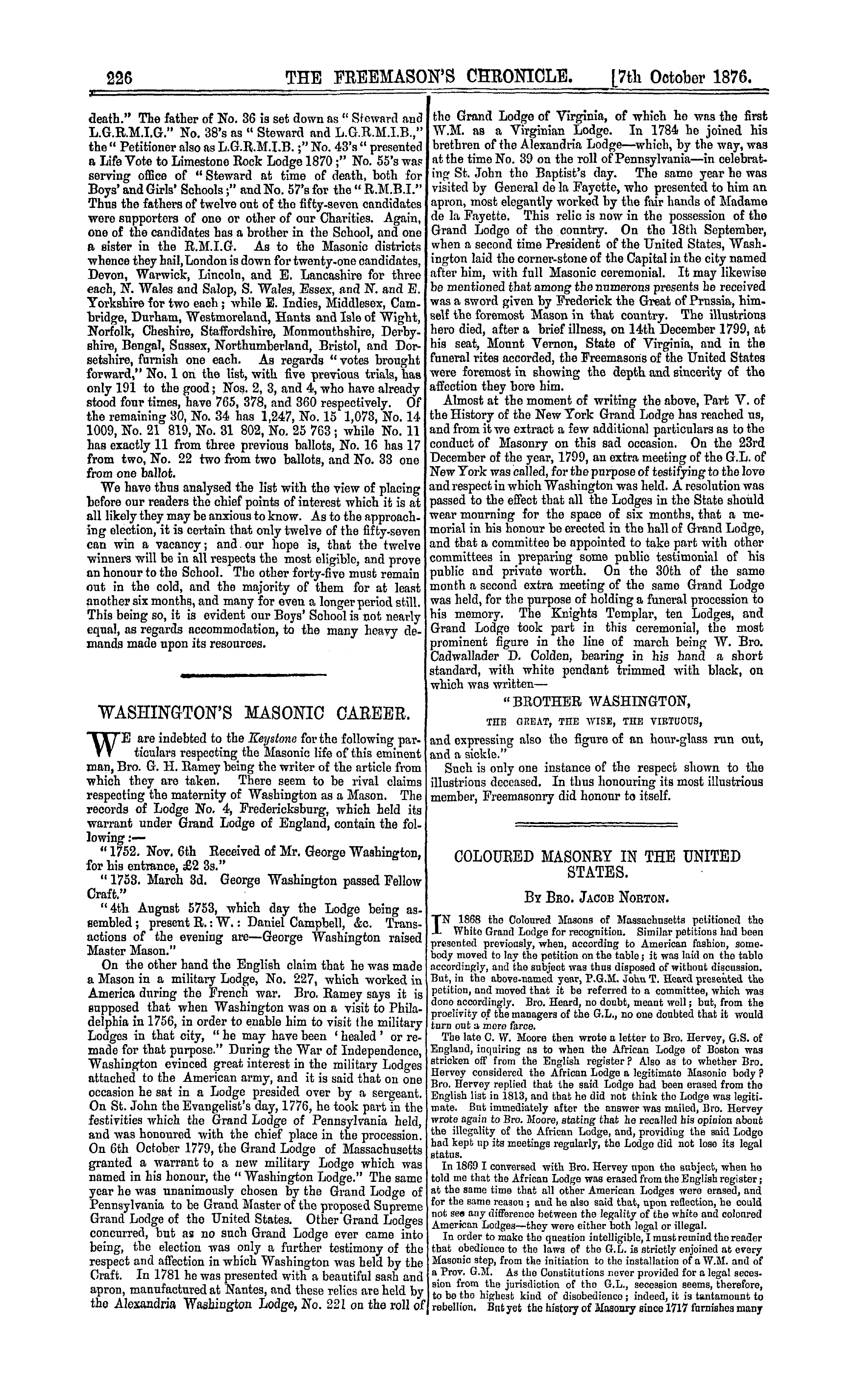 The Freemason's Chronicle: 1876-10-07 - The Election To The Boys' School.