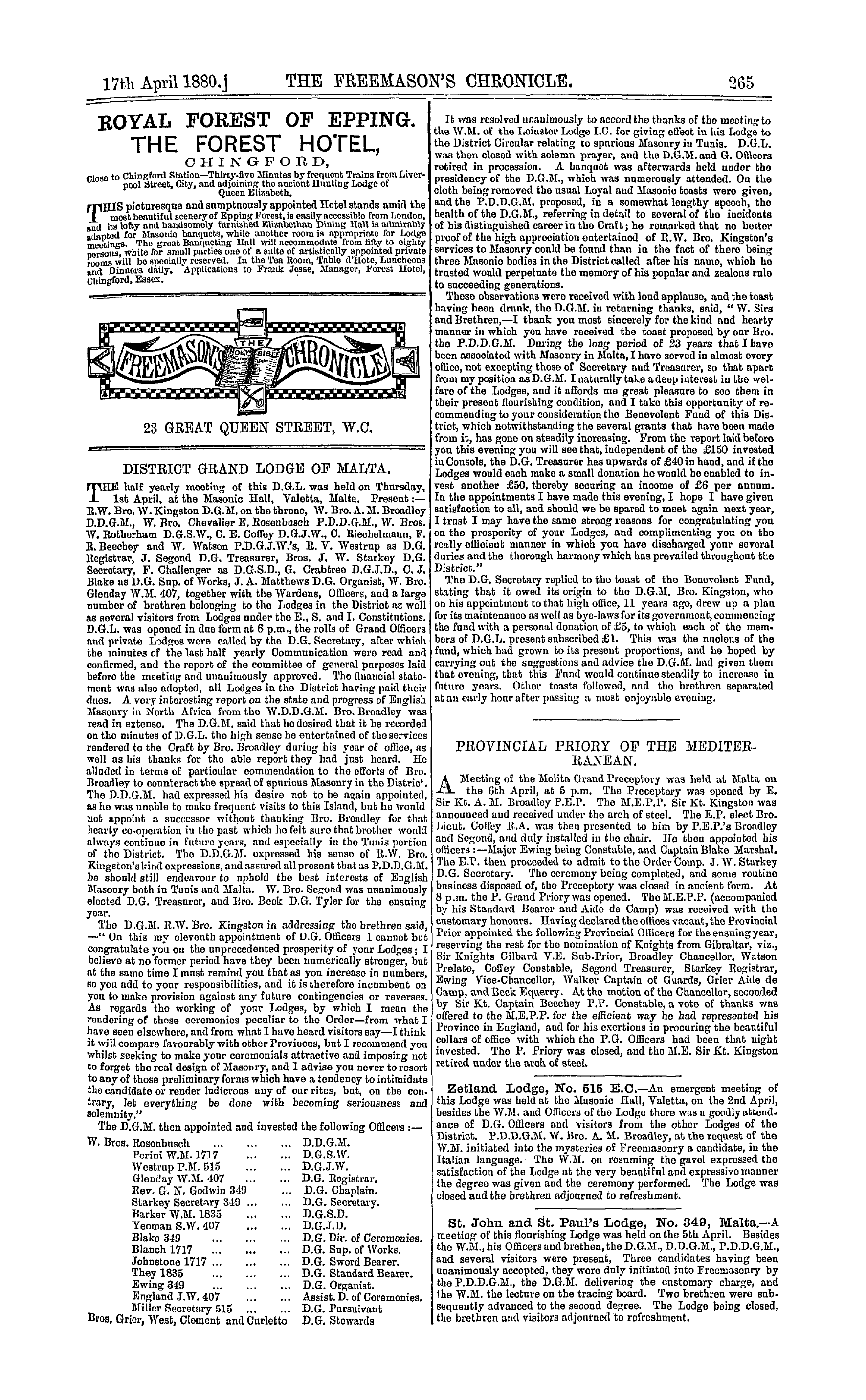 The Freemason's Chronicle: 1880-04-17 - District Grand Lodge Of Malta.