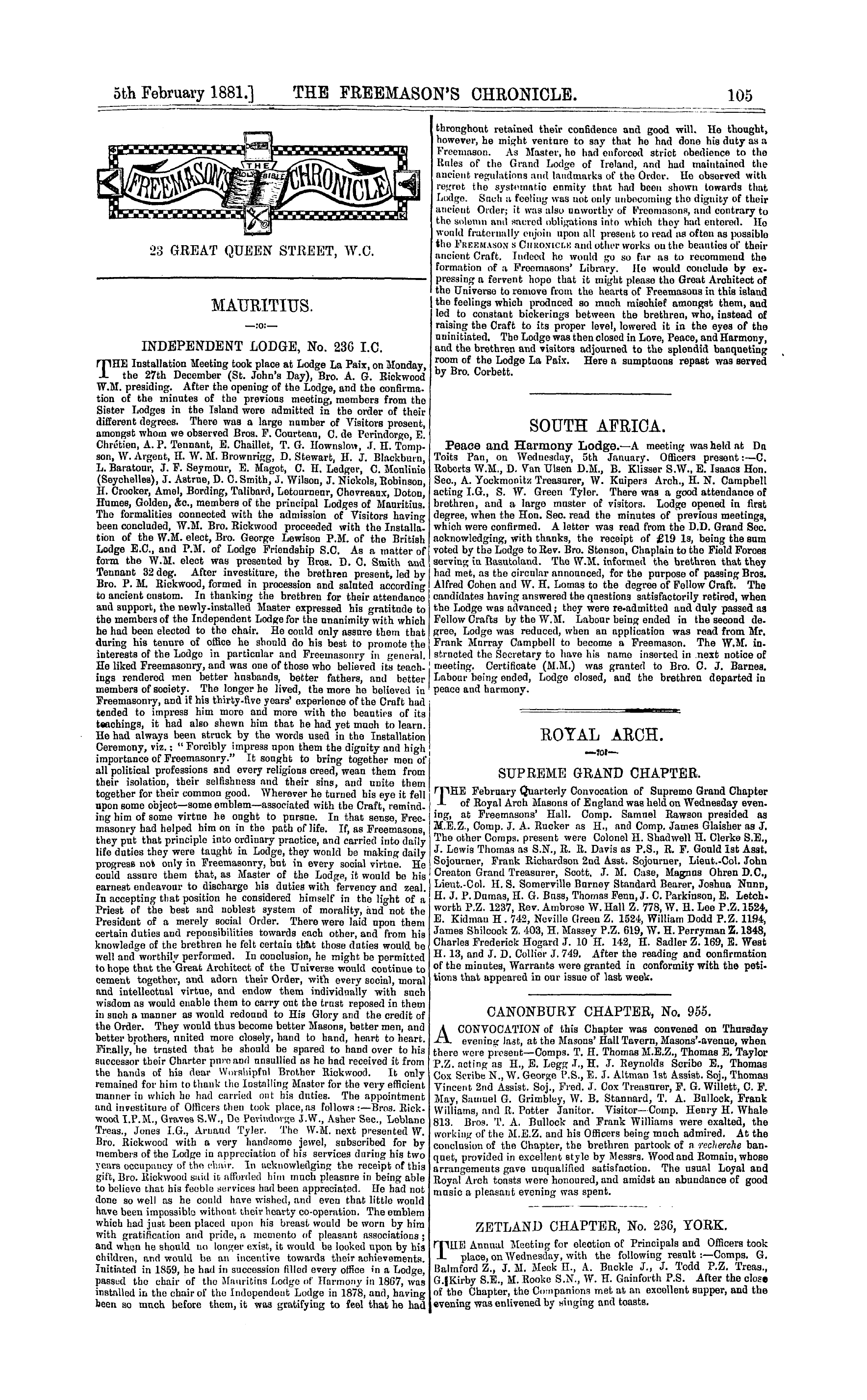 The Freemason's Chronicle: 1881-02-05 - Mauritius.