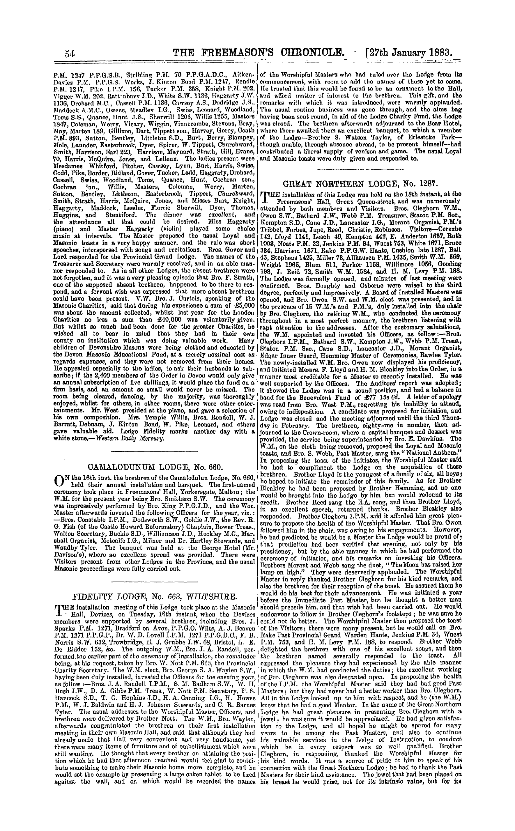 The Freemason's Chronicle: 1883-01-27 - Great Northern Lodge, No. 1287.