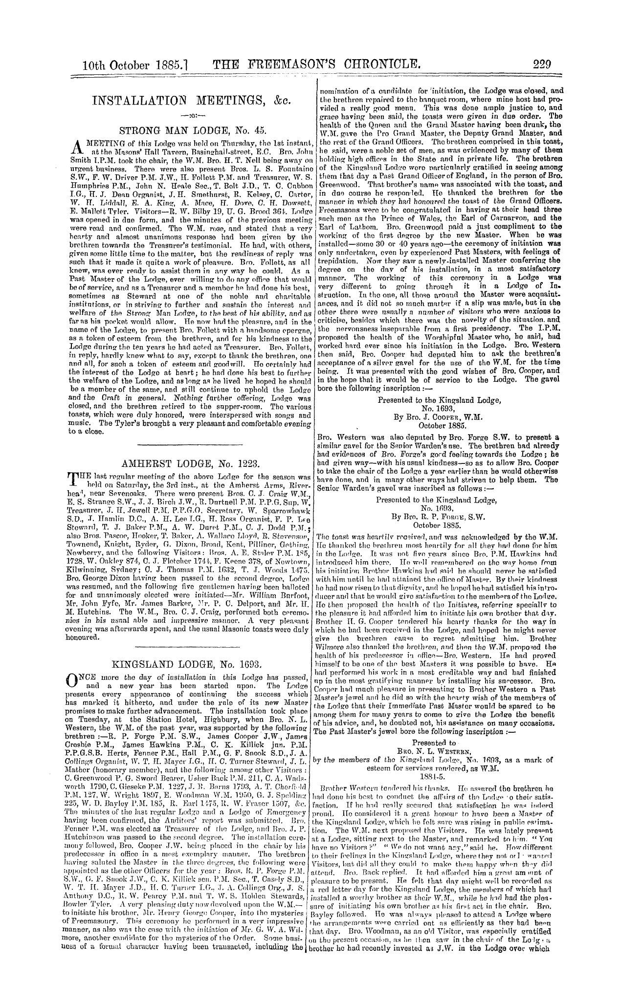 The Freemason's Chronicle: 1885-10-10 - Kingsland Lodge, No. 1693.