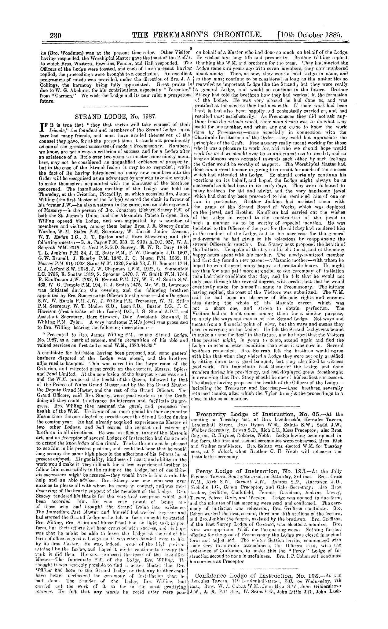 The Freemason's Chronicle: 1885-10-10 - Kingsland Lodge, No. 1693.