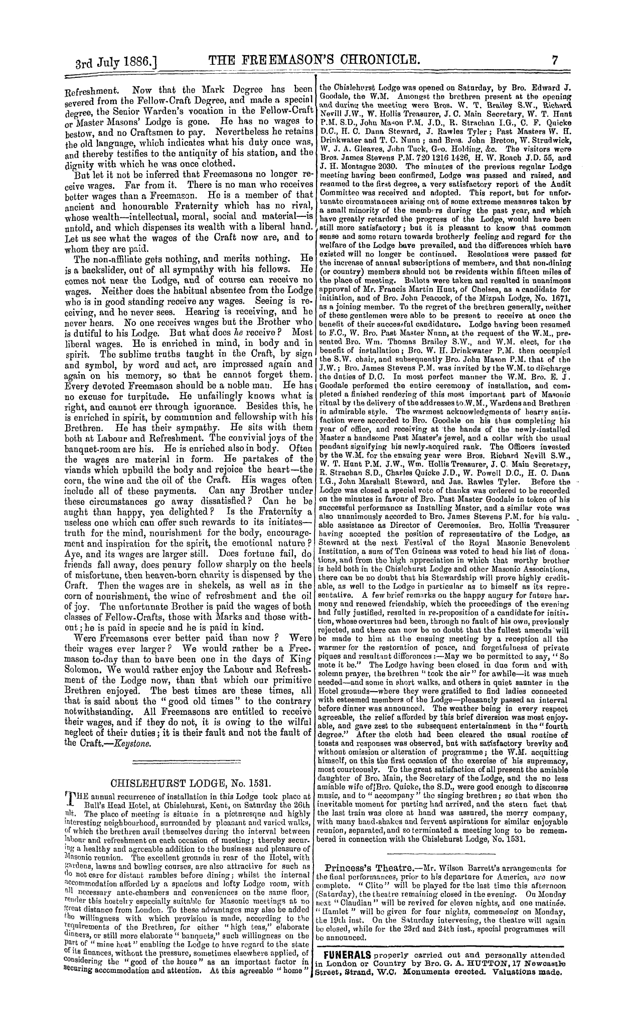 The Freemason's Chronicle: 1886-07-03 - Chislehurst Lodge, No. 1531.