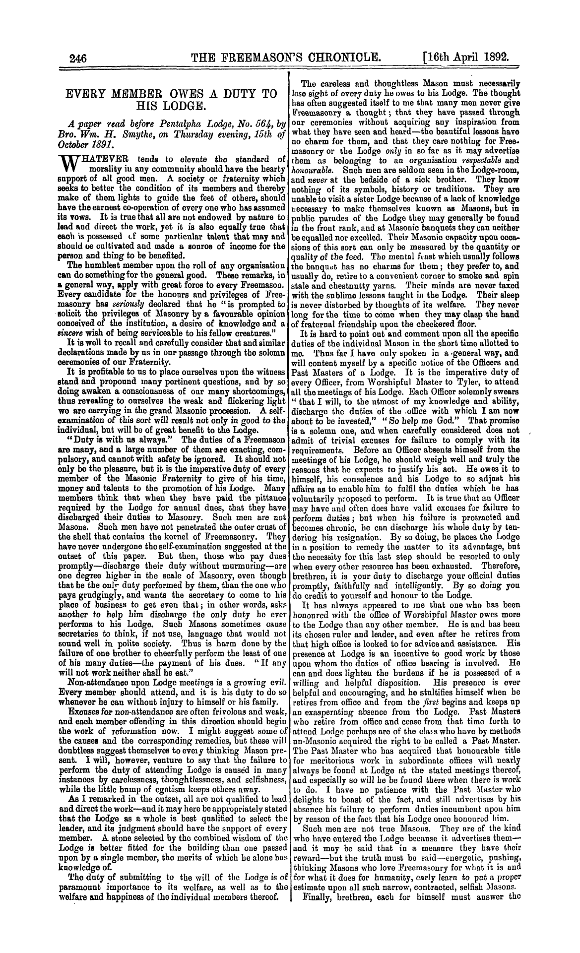 The Freemason's Chronicle: 1892-04-16 - Every Member Owes A Duty To His Lodge.
