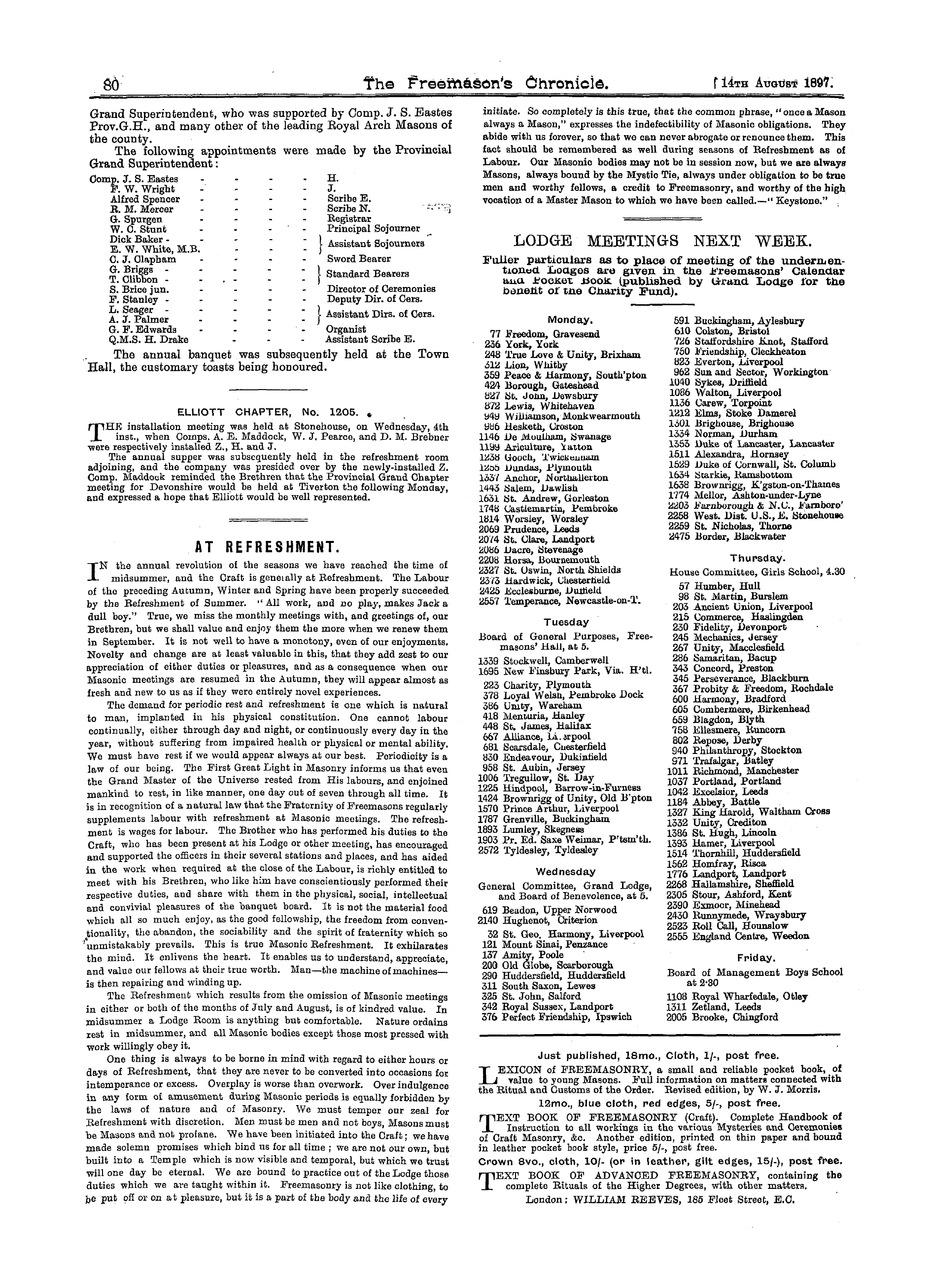 The Freemason's Chronicle: 1897-08-14 - Lodge Meetings Next Week.