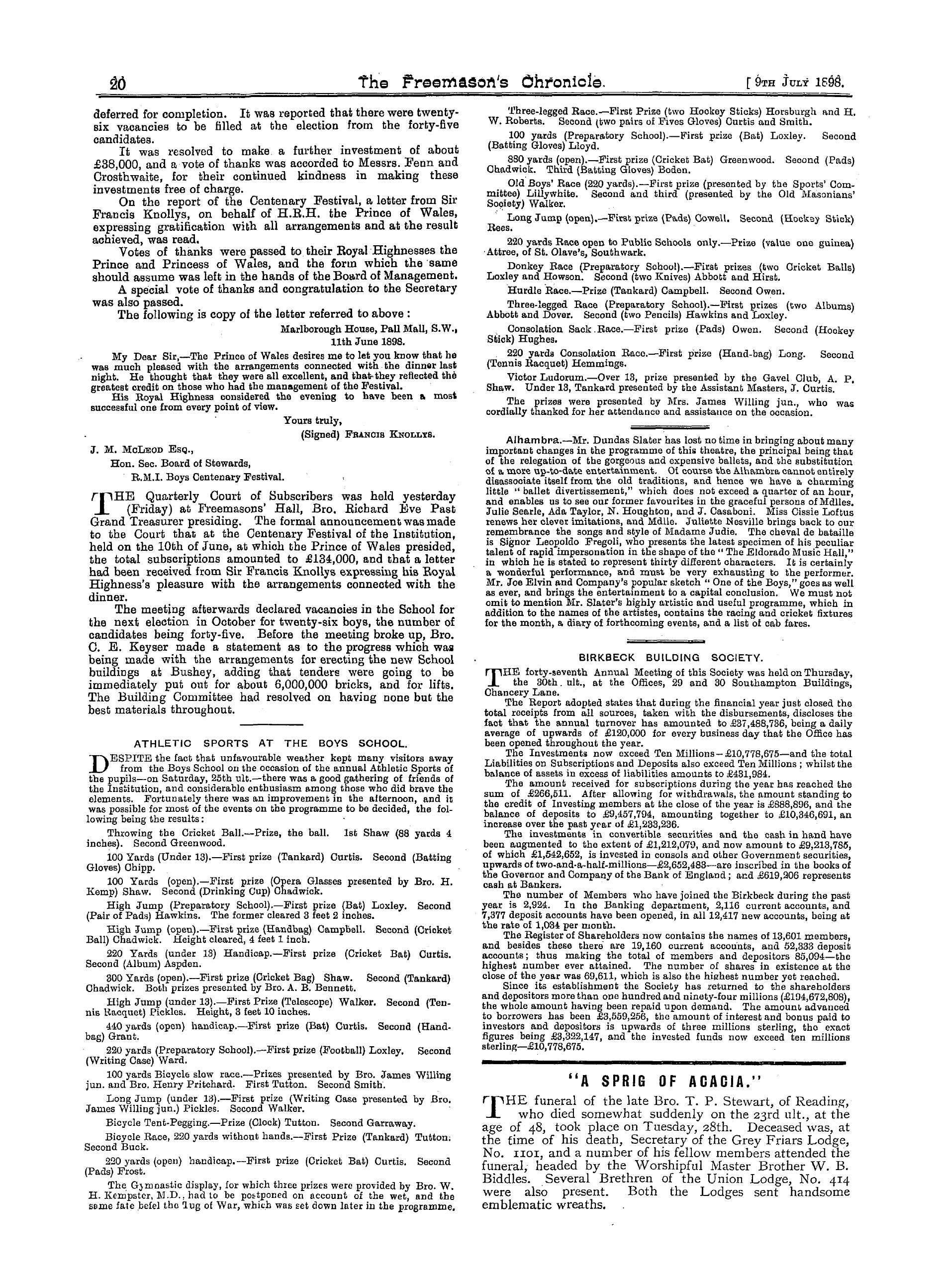 The Freemason's Chronicle: 1898-07-09 - "A Sprig Of Acacia."