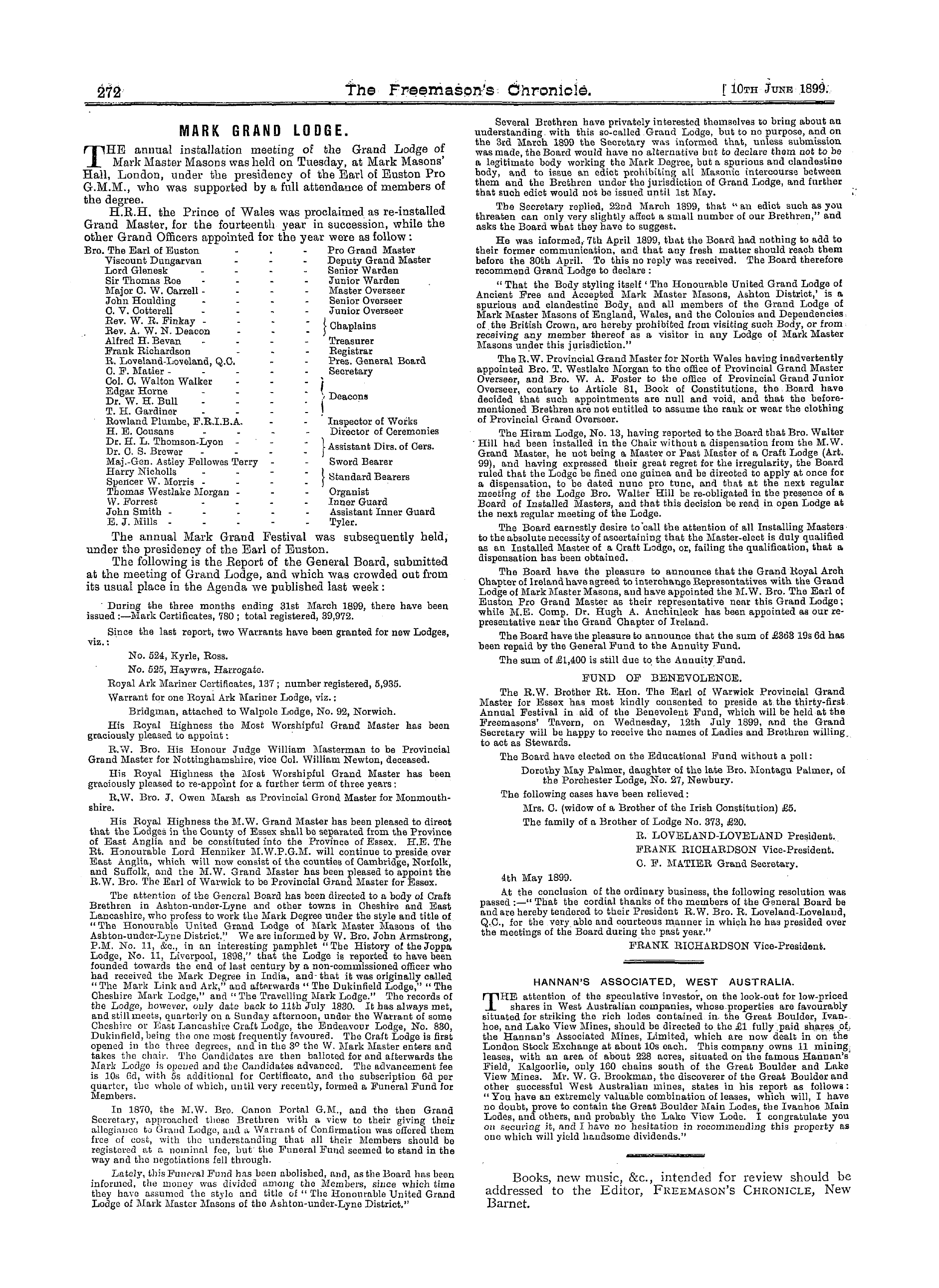 The Freemason's Chronicle: 1899-06-10 - Mark Grand Lodge.