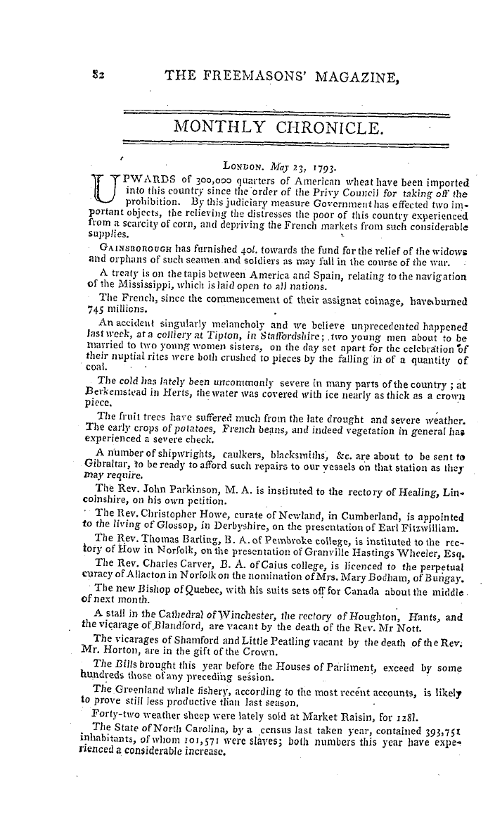 The Freemasons' Magazine: 1793-06-01 - Monthly Chronicle.