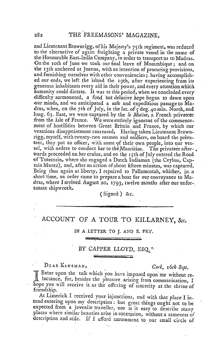 The Freemasons' Magazine: 1794-04-01 - Account Of A Tour To Killarney, &C.