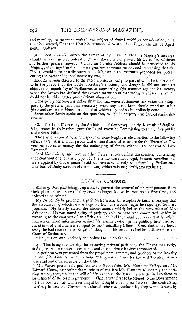 The Freemasons' Magazine: 1794-04-01 - Parliamentary Proceedings.