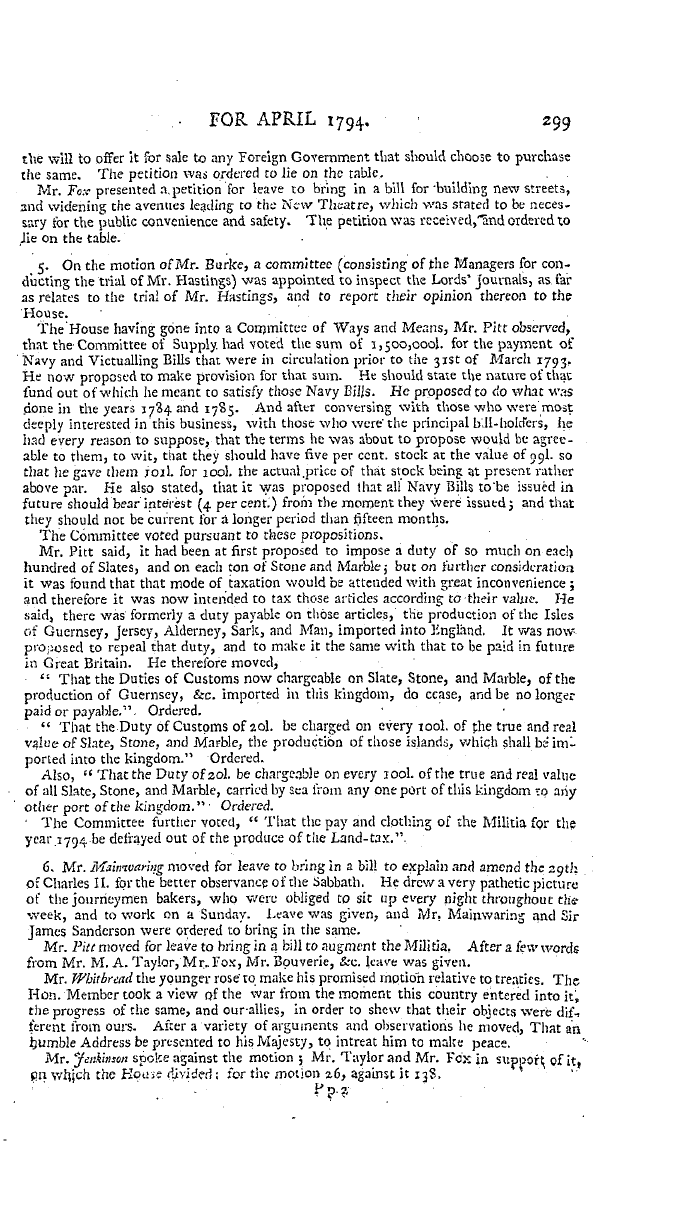 The Freemasons' Magazine: 1794-04-01 - Parliamentary Proceedings.