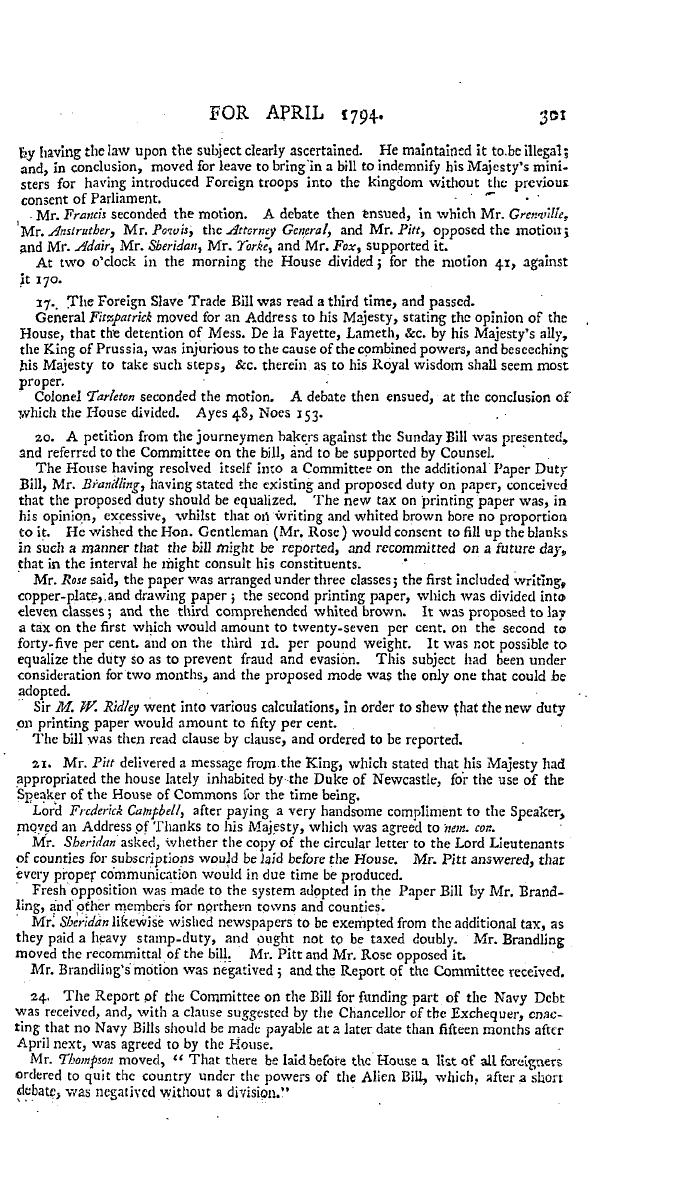 The Freemasons' Magazine: 1794-04-01 - Parliamentary Proceedings.