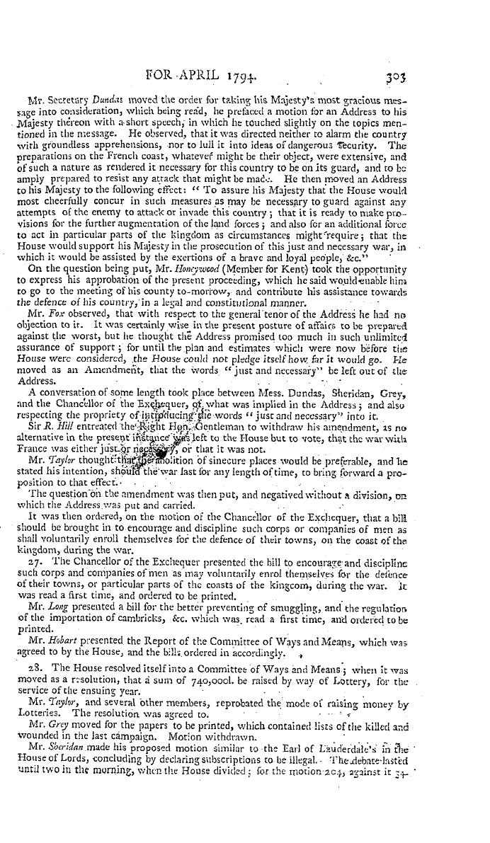 The Freemasons' Magazine: 1794-04-01 - Parliamentary Proceedings.