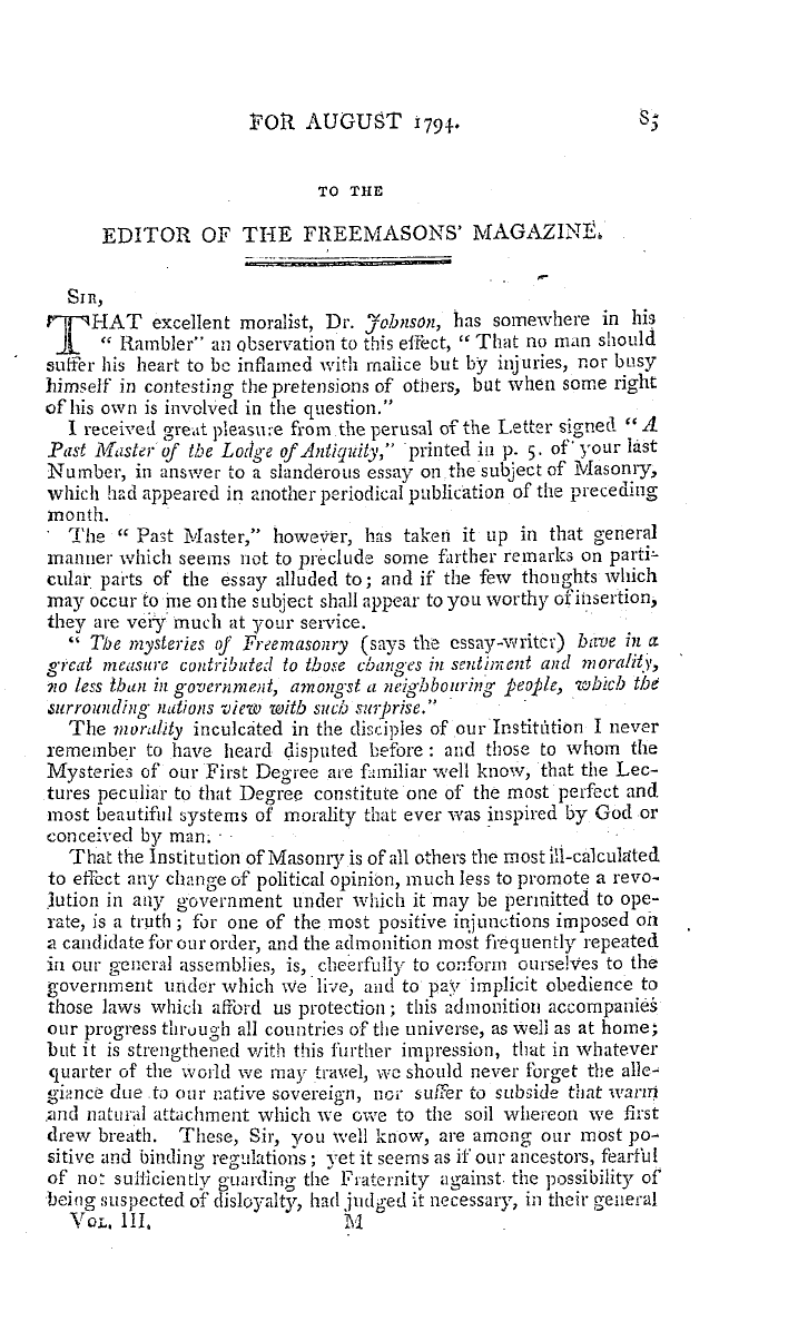 The Freemasons' Magazine: 1794-08-01 - To The Editor Of The Freemasons' Magazine.