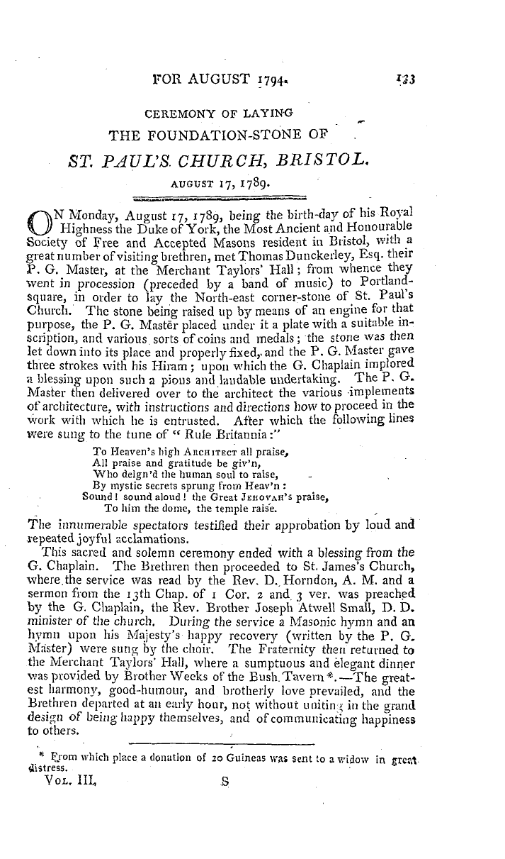 The Freemasons' Magazine: 1794-08-01 - Ceremony Of Laying The Foundation-Stone Of St. Paul's. Church, Bristol. August 17, 1789.