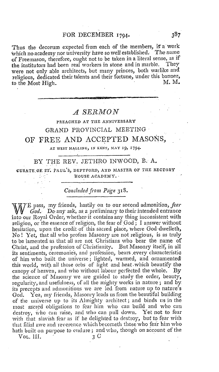 The Freemasons' Magazine: 1794-12-01 - A Sermon Preached At The Anniversary Grand Provincial Meeting Of Free And Accepted Masons, At West Mailing, In Kent , May 19, 1794.