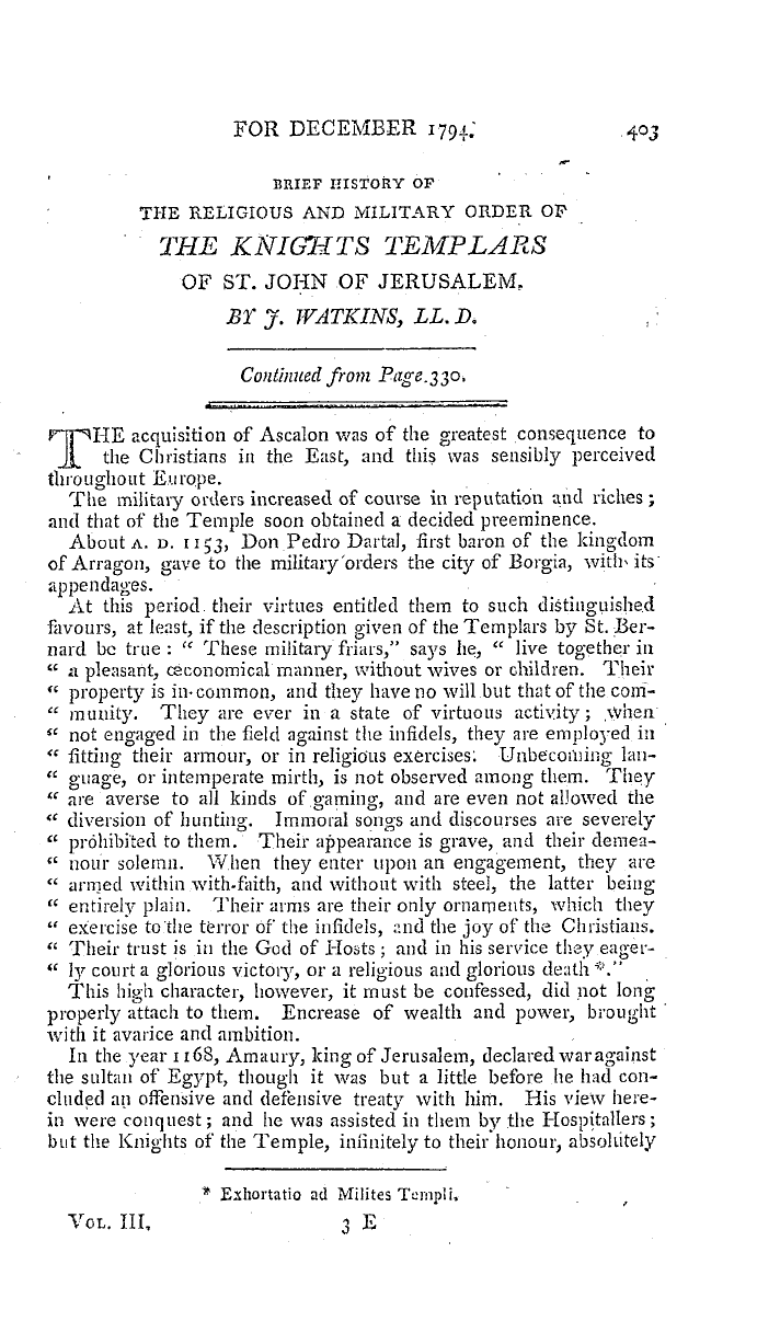 The Freemasons' Magazine: 1794-12-01 - Brief History Of The Religious And Military Order Of The Knights Templars Of St. John Of Jerusalem.