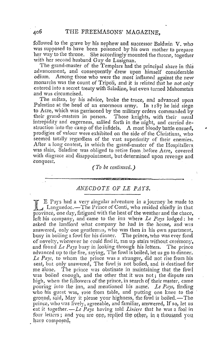 The Freemasons' Magazine: 1794-12-01 - Brief History Of The Religious And Military Order Of The Knights Templars Of St. John Of Jerusalem.