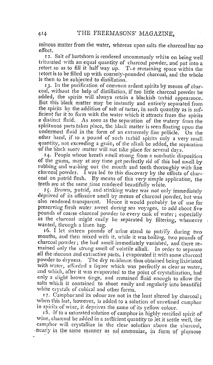 The Freemasons' Magazine: 1794-12-01 - Experiments Illustrating The Properties Of Charcoal.