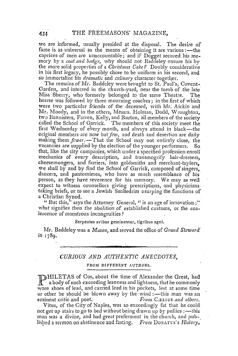 The Freemasons' Magazine: 1794-12-01 - Mr. Baddeley, The Comedian, Of Drury-Lane Theatre.