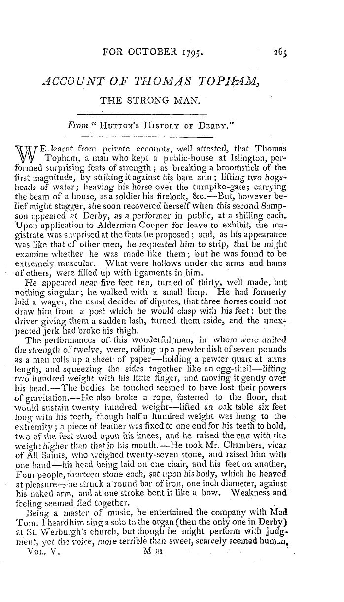 The Freemasons' Magazine: 1795-10-01 - Account Of Thomas Topham, The Strong Man.