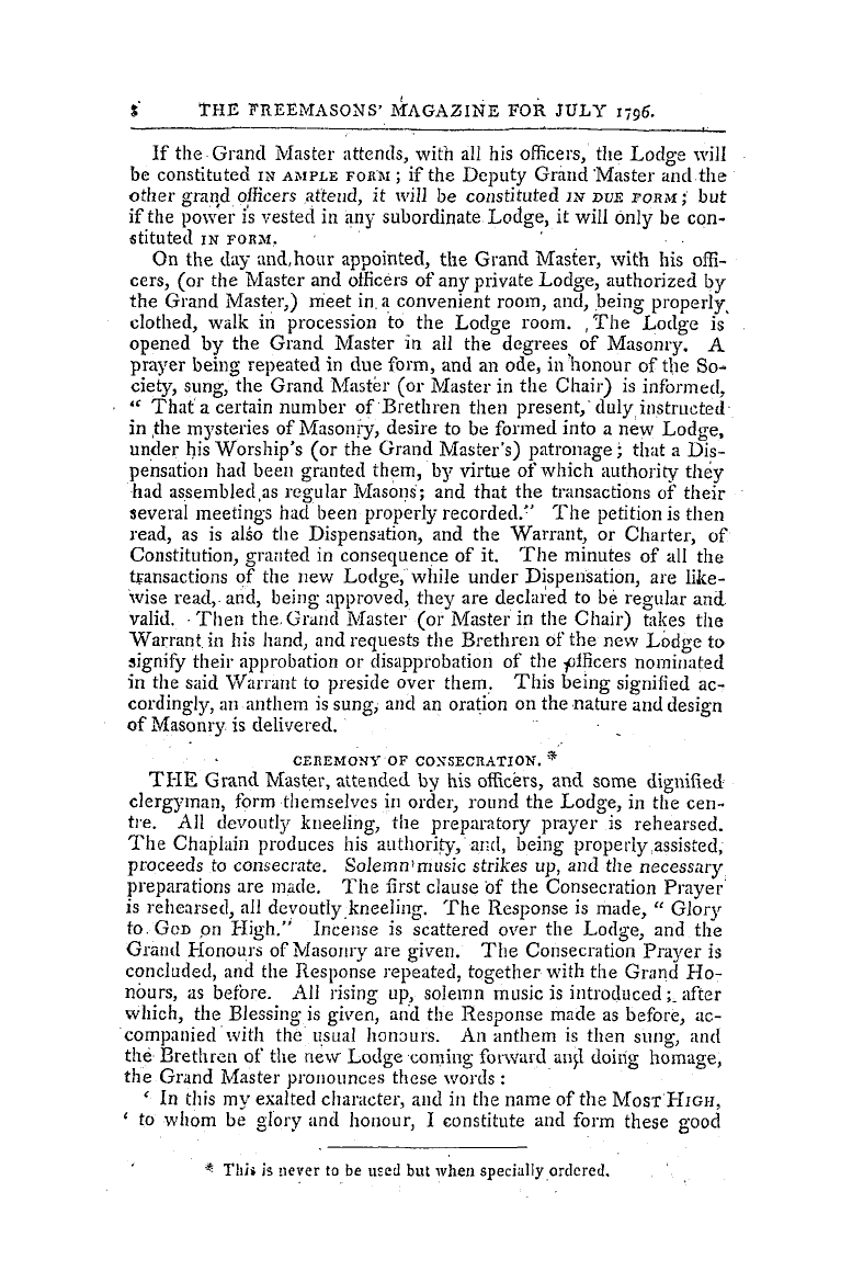 The Freemasons' Magazine: 1796-07-01 - The Manner Of Constituting A Lodge,