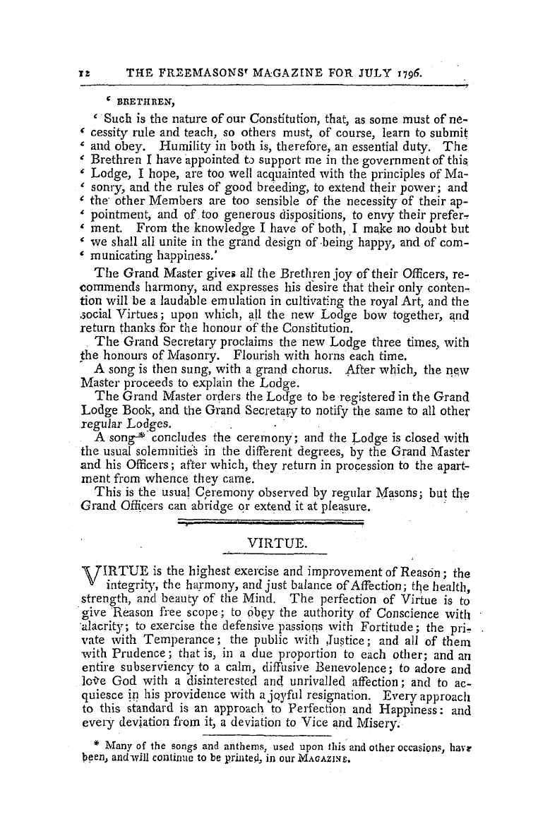 The Freemasons' Magazine: 1796-07-01 - The Manner Of Constituting A Lodge,