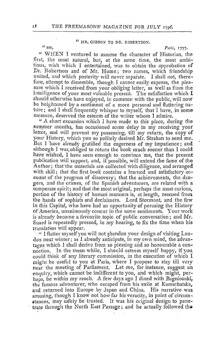 The Freemasons' Magazine: 1796-07-01 - Extracts From The Memoirs Of The Life And Writings Of Edward Gibbon, Esq.