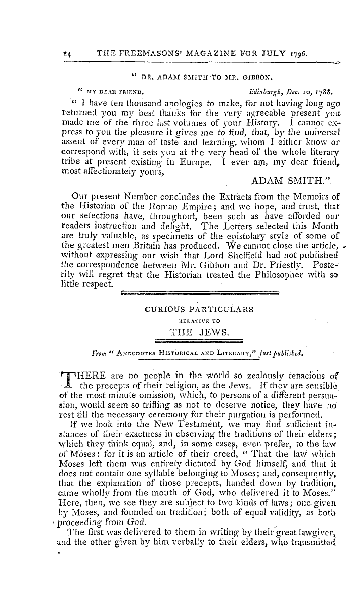 The Freemasons' Magazine: 1796-07-01 - Extracts From The Memoirs Of The Life And Writings Of Edward Gibbon, Esq.