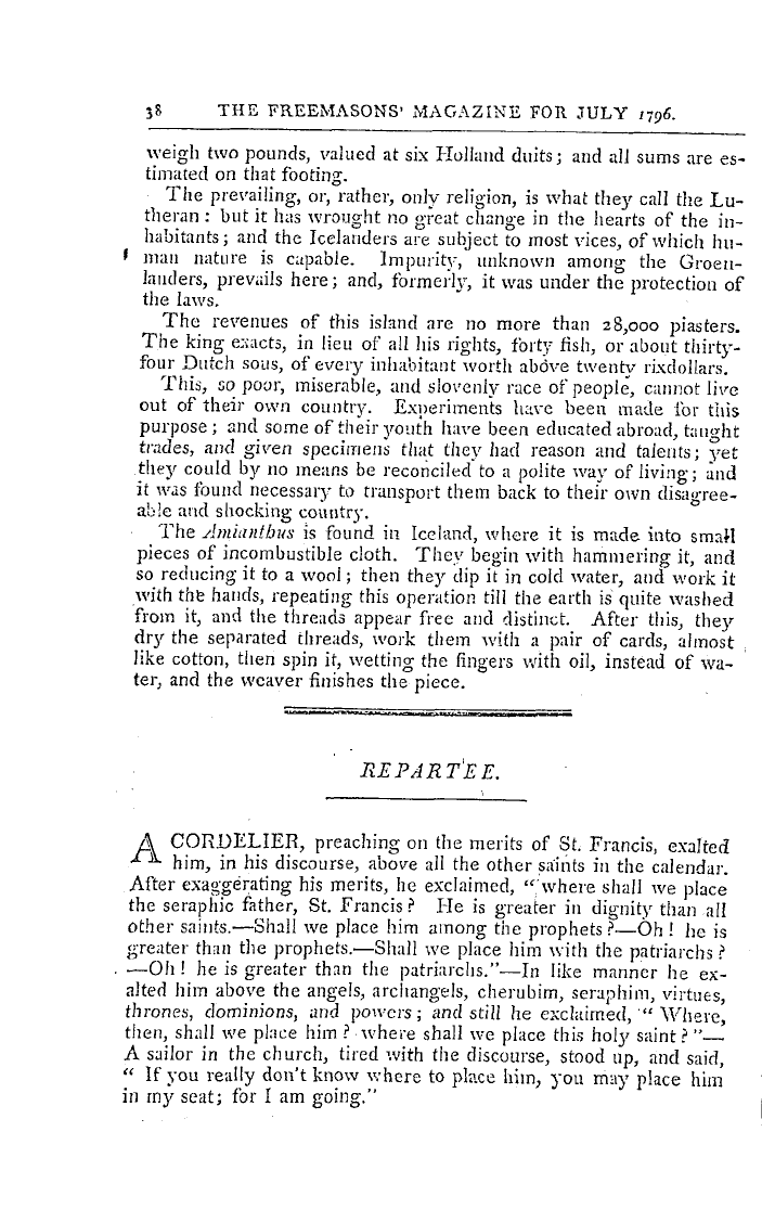 The Freemasons' Magazine: 1796-07-01 - A Description Of Iceland.