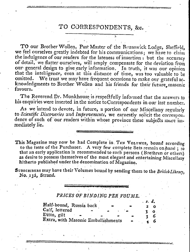 The Freemasons' Magazine: 1798-07-01 - To Correspondents, &C.