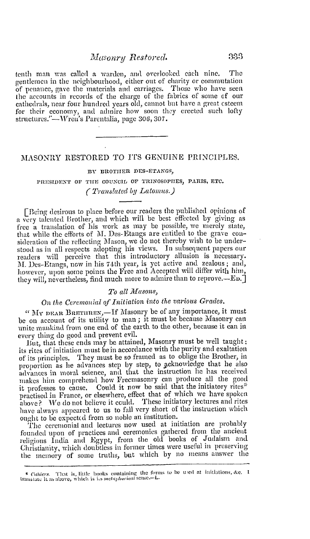 The Freemasons' Quarterly Review: 1837-09-30 - Masonry Restored To Its Genuine Principles.