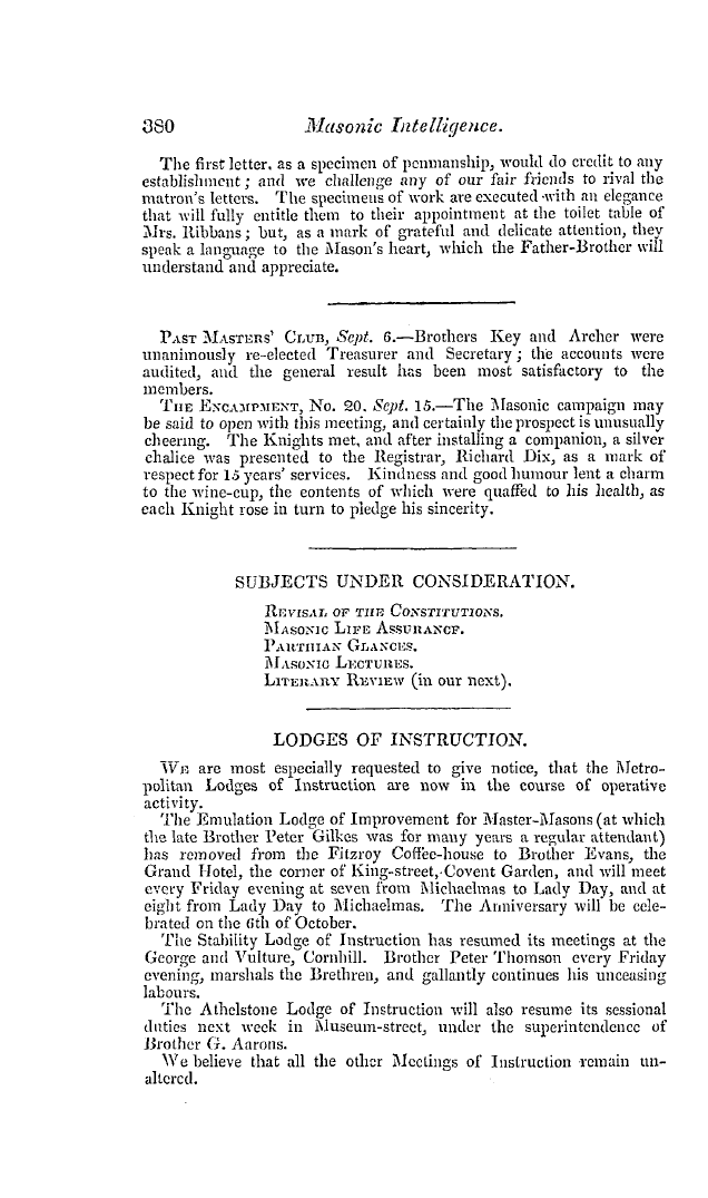 The Freemasons' Quarterly Review: 1837-09-30 - Lodges Of Instruction.