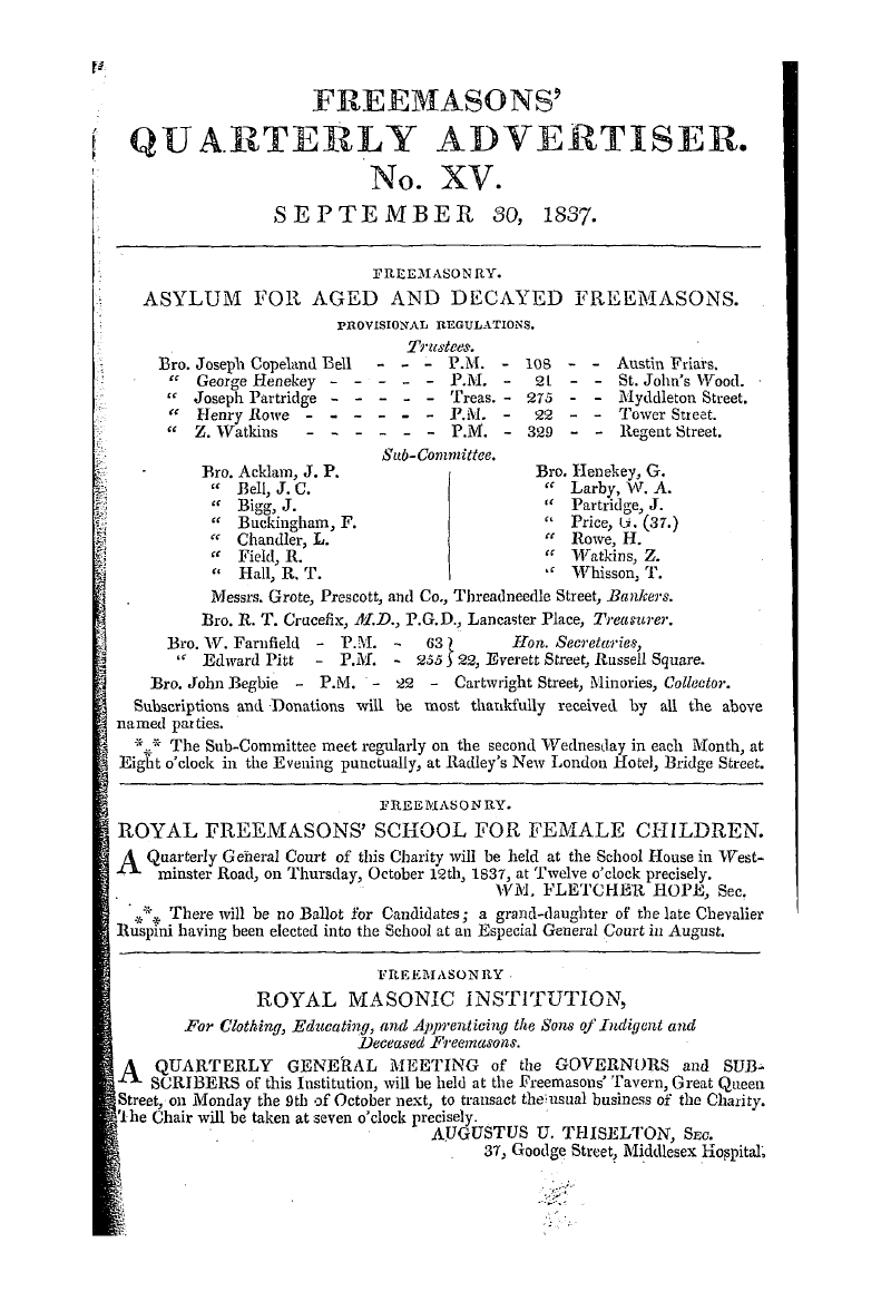 The Freemasons' Quarterly Review: 1837-09-30 - Ereemasonry. Asylum For Aged And Decayed...