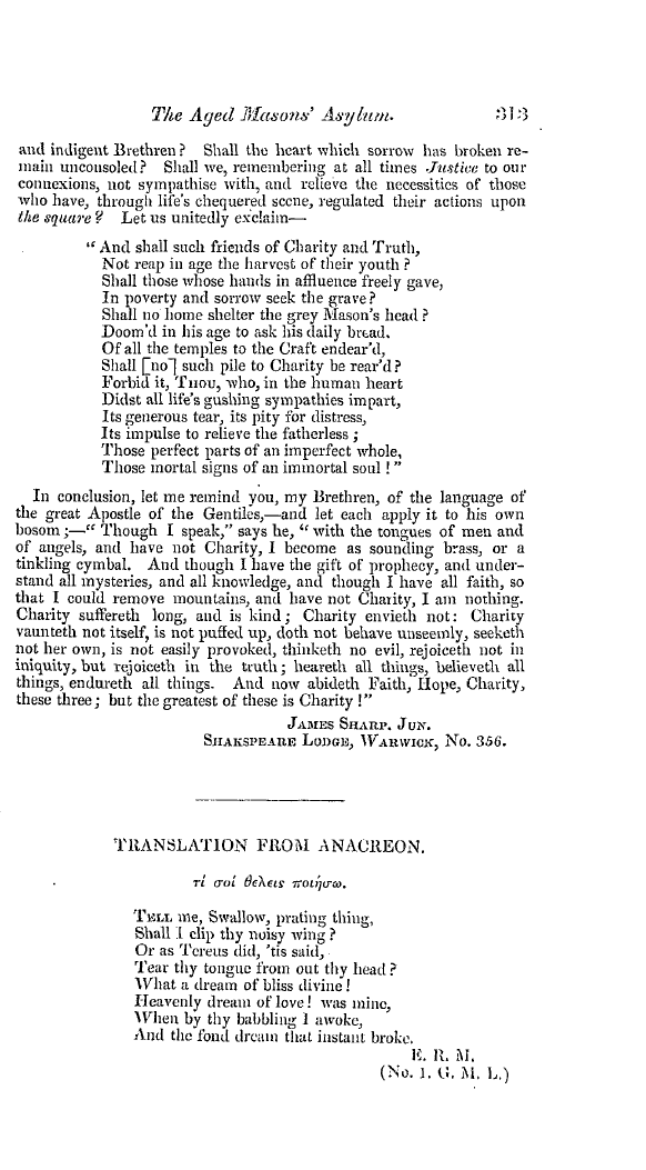 The Freemasons' Quarterly Review: 1838-09-29 - A Provincial Brother's Appeal In Favour Of The Aged Masons' Asylum.