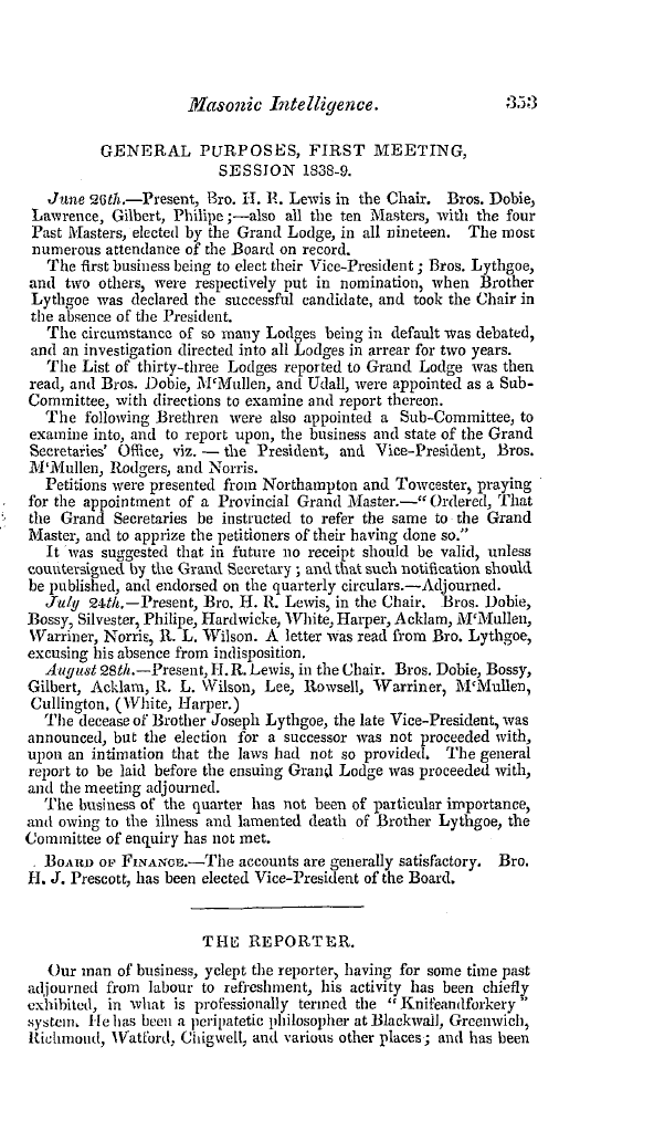 The Freemasons' Quarterly Review: 1838-09-29 - General Purposes, First Meeting, Session 1838-9.