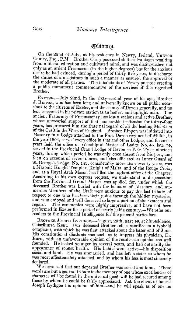 The Freemasons' Quarterly Review: 1838-09-29 - Obituary.