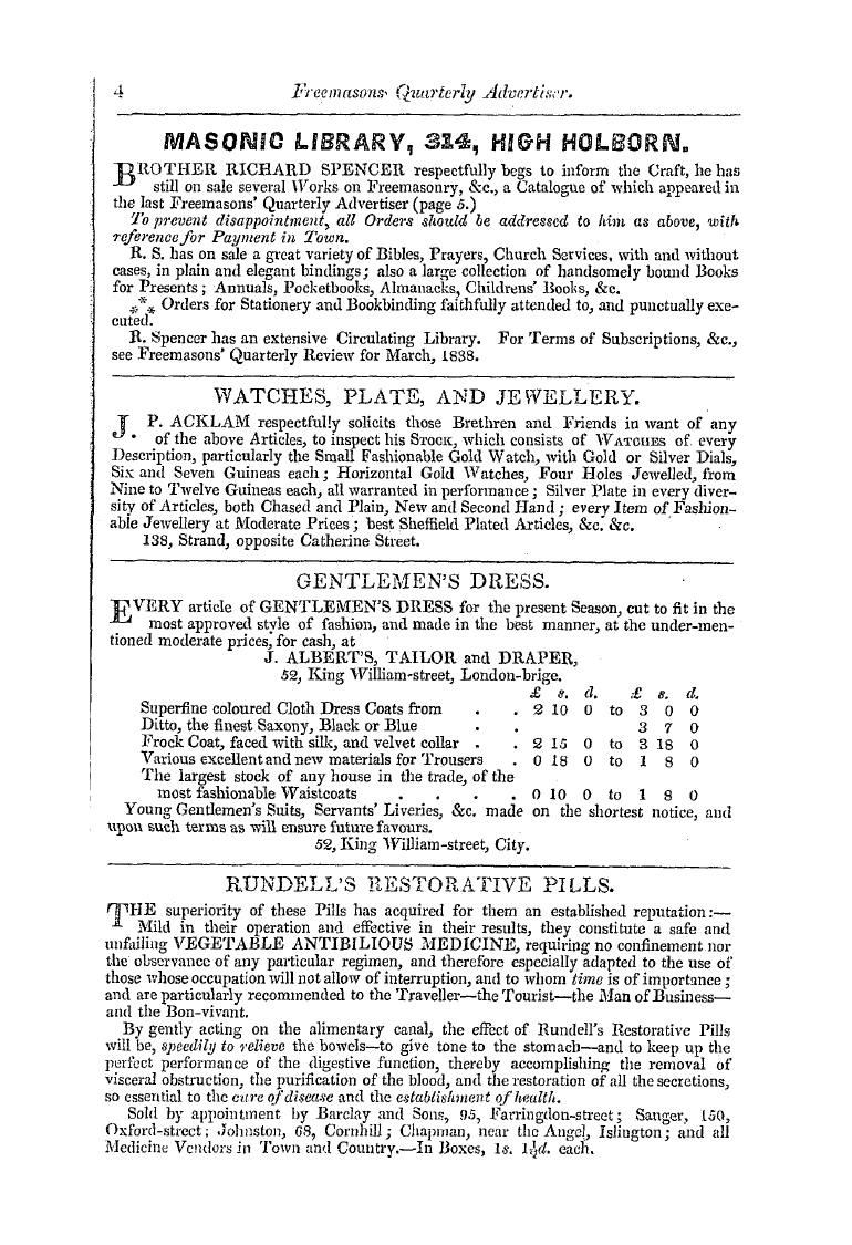 The Freemasons' Quarterly Review: 1838-09-29 - Gentlemen's Dress. "U Very Article Of Ge...