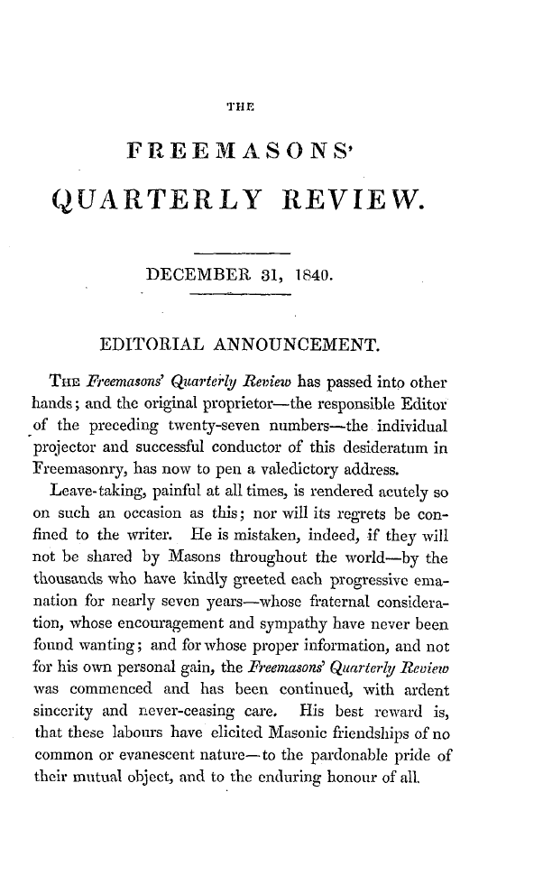 The Freemasons' Quarterly Review: 1840-12-31 - The Freemasons' Quarterly Review.