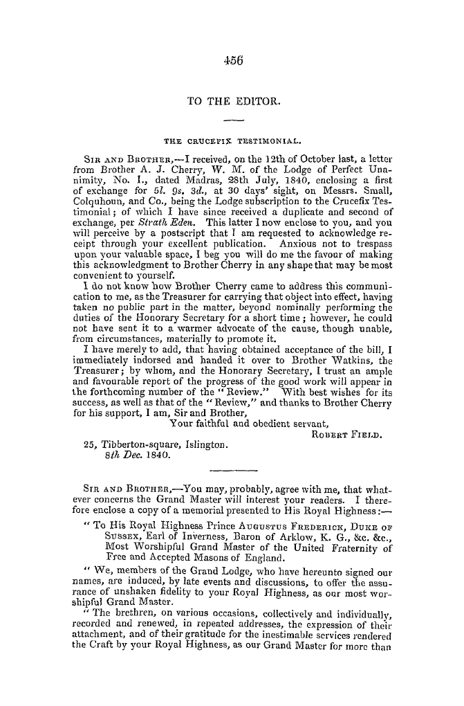 The Freemasons' Quarterly Review: 1840-12-31 - To The Editor.